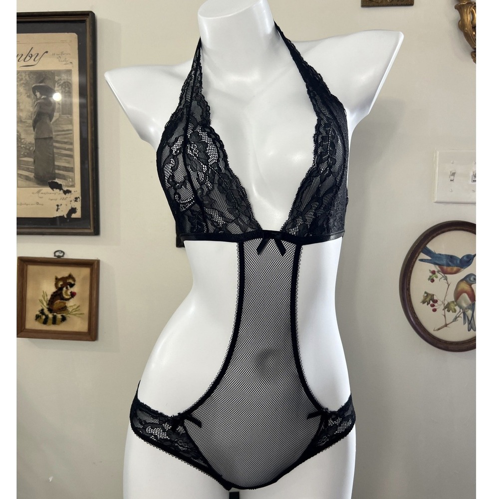 Victoria's Secret Vintage Black Lace and Fishnet Halter Teddy Size Extra Small